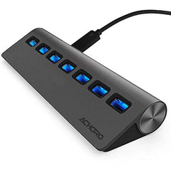 Achoro 7 Ports USB 3.0 Hub - Triangle Aluminum Alloy - High-Speed USB Port Expander - Compatible with PC, iMac, MacBook, Windows, Desktop, and More – Computer Multiple USB HUB (Space Grey)