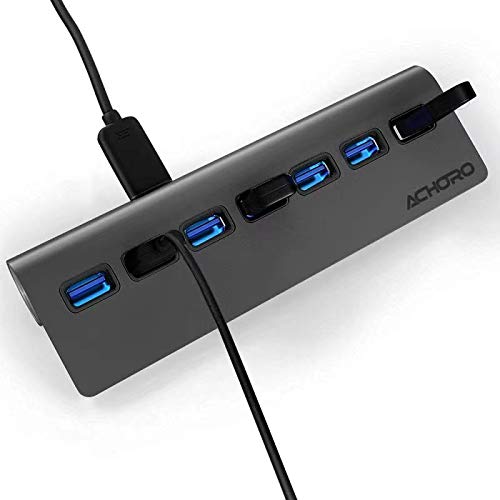 Achoro 7 Ports USB 3.0 Hub - Triangle Aluminum Alloy - High-Speed USB Port Expander - Compatible with PC, iMac, MacBook, Windows, Desktop, and More – Computer Multiple USB HUB (Space Grey)