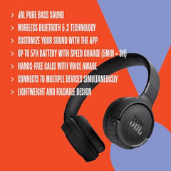 JBL Tune 520BT - Wireless On-Ear Headphones, Up to 57H battery life and speed charge, Lightweight, comfortable and foldable design, Hands-free calls with Voice Aware (Blue)