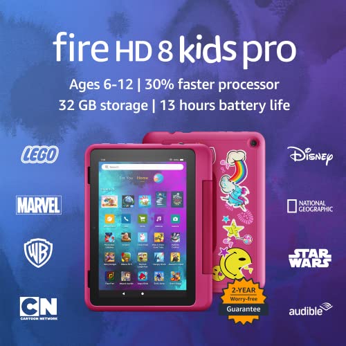 Amazon Fire HD 8 Kids Pro tablet- 2022, ages 6-12 | 8" HD screen, slim case for older kids, ad-free content, parental controls, 13-hr battery, 32 GB, Rainbow Universe