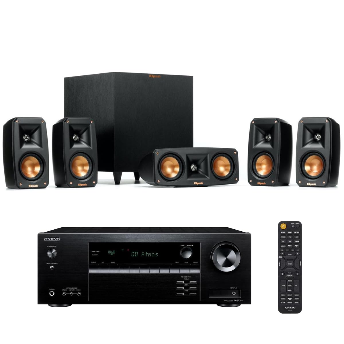 Klipsch Reference Theater Pack 5.1-Channel Speaker System + Onkyo TX-SR393 5.2-Channel A/V Receiver, 80W Per Channel at 8 Ohms