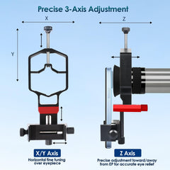 tridaptor - Universal Digiscoping Adapter | High-Precision Phone to Telescope 3-Axis Metal Holder Mount for Spotting Scope Binocular Monocular Microscope|Fits 2.4" Eyepiece Max&Any Cell Phone Camera