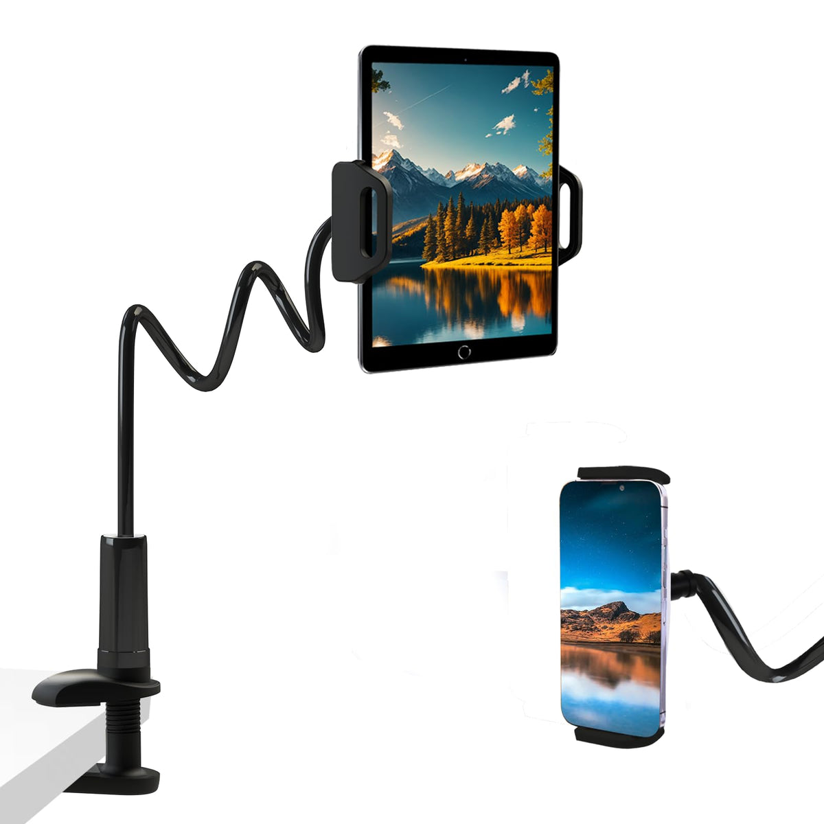 ZUYEE Gooseneck Tablet Mount Cell Phone Holder for Bed 4.7-11" Devices iPad Clamp Stand Kindle Holder Flexible 30 inch Arm Clip for iPhone iPad Air Mini Galaxy Tabs Kindle Fire Switch Black