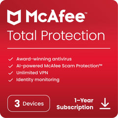 McAfee Total Protection 2024 | 3 Device | Cybersecurity Software Includes Antivirus, Secure VPN, Password Manager, Dark Web Monitoring | Download