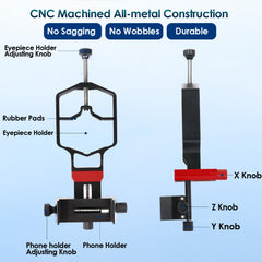 tridaptor - Universal Digiscoping Adapter | High-Precision Phone to Telescope 3-Axis Metal Holder Mount for Spotting Scope Binocular Monocular Microscope|Fits 2.4" Eyepiece Max&Any Cell Phone Camera