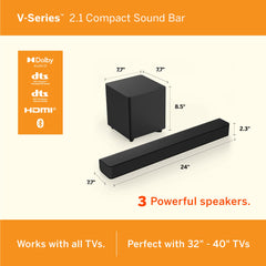 VIZIO V-Series 2.1 Compact Home Theater Sound Bar with DTS Virtual:X, Bluetooth, Wireless Subwoofer, Voice Assistant Compatible, includes Remote Control