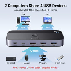 UGREEN USB 3.0 Switch 2 Computers Sharing USB C & A devices, 4 Port USB Switcher Sharing Keyboard and Mouse, Printer/Scanner USB Switch Hub for Two Computers with 2 USB3.0 Cables and Remote