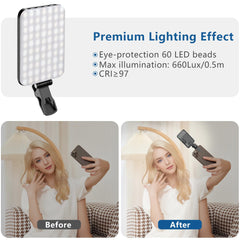 ALTSON 60 LED Portable Selfie Light Video Conference Lighting with Clip & Camera Tripod Adapter Rechargeable 2200mAh CRI 97+, 3 Light Modes for Phone iPhone Webcam Laptop Photo Makeup