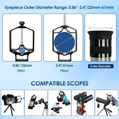 tridaptor - Universal Digiscoping Adapter | High-Precision Phone to Telescope 3-Axis Metal Holder Mount for Spotting Scope Binocular Monocular Microscope|Fits 2.4" Eyepiece Max&Any Cell Phone Camera