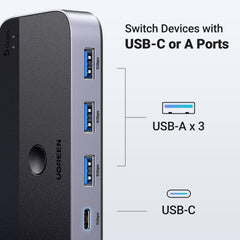 UGREEN USB 3.0 Switch 2 Computers Sharing USB C & A devices, 4 Port USB Switcher Sharing Keyboard and Mouse, Printer/Scanner USB Switch Hub for Two Computers with 2 USB3.0 Cables and Remote