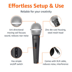 Amazon Basics - Wired Dynamic Vocal Microphone, Cardioid, XLR, Black/Silver