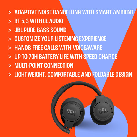 JBL TUNE 770NC - Adaptive Noise Cancelling with Smart Ambient Wireless Over-Ear Headphones, Bluetooth 5.3, Up to 70H battery life with speed charge, Lightweight, comfortable & foldable design (Black)